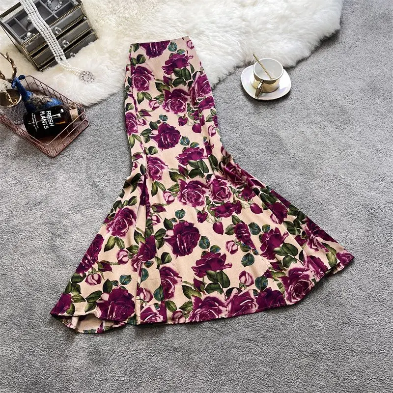 High-Grade Rose High Waist Hip Skirt Floral Temperament Women Skirt Summer Thin A-Line 2024 High Waist Vintage Fishtail Skirts