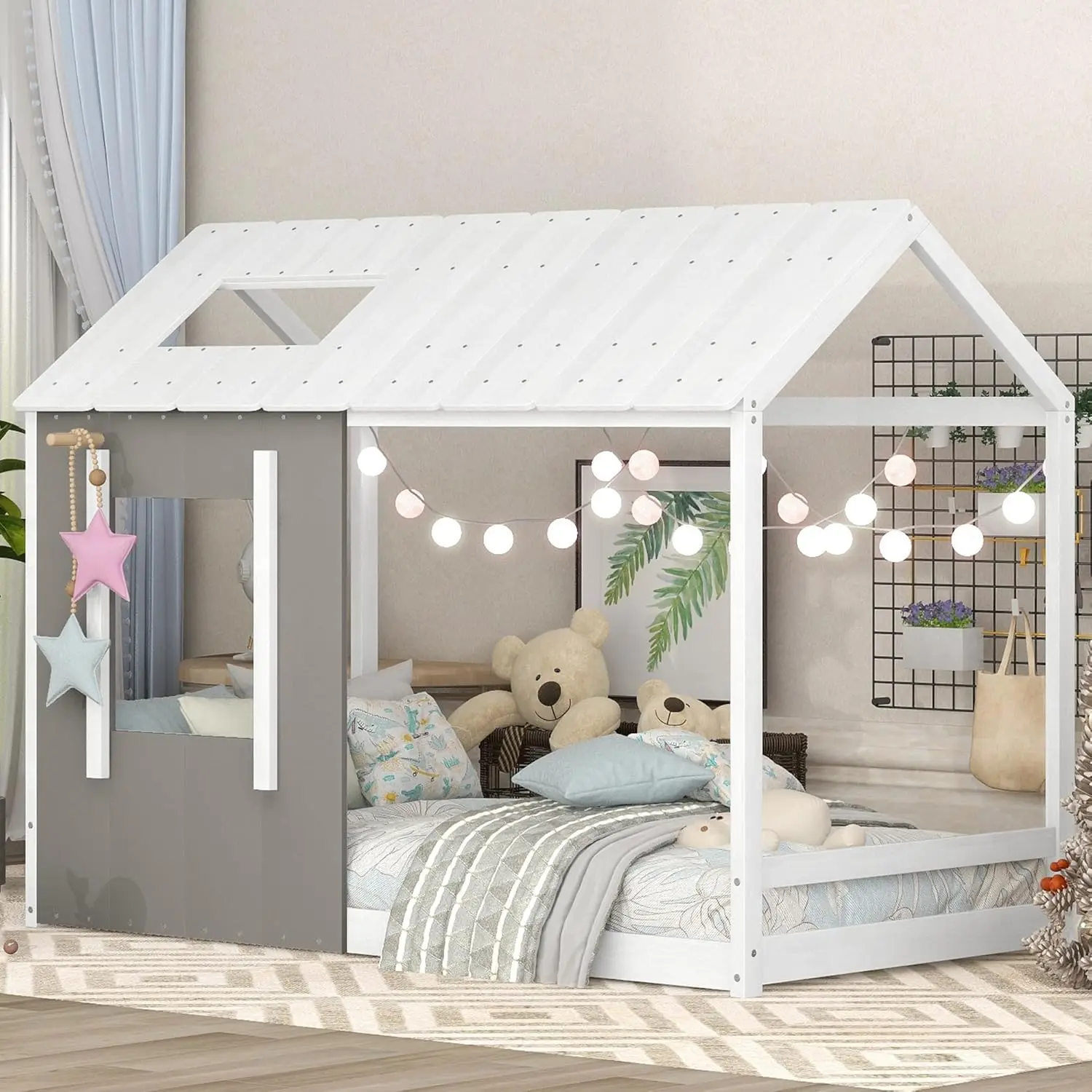 

Twin Size Montessori Bed Frame, House Floor Bed with Headboard, Roof, Window, Wood, Grey Antique White
