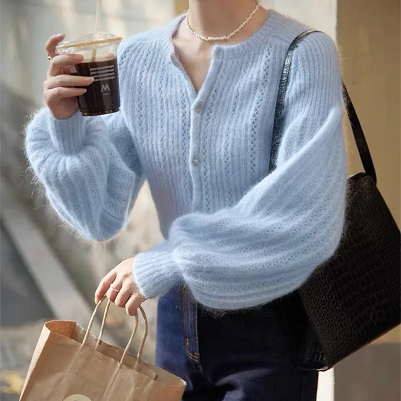 YBZFACAI Spring Fall Fashion Mohair Blue Thin Sweater Sweet Cardigan Women O-neck Soft Knit Hollow Lantern Loose Sleeve Jacket