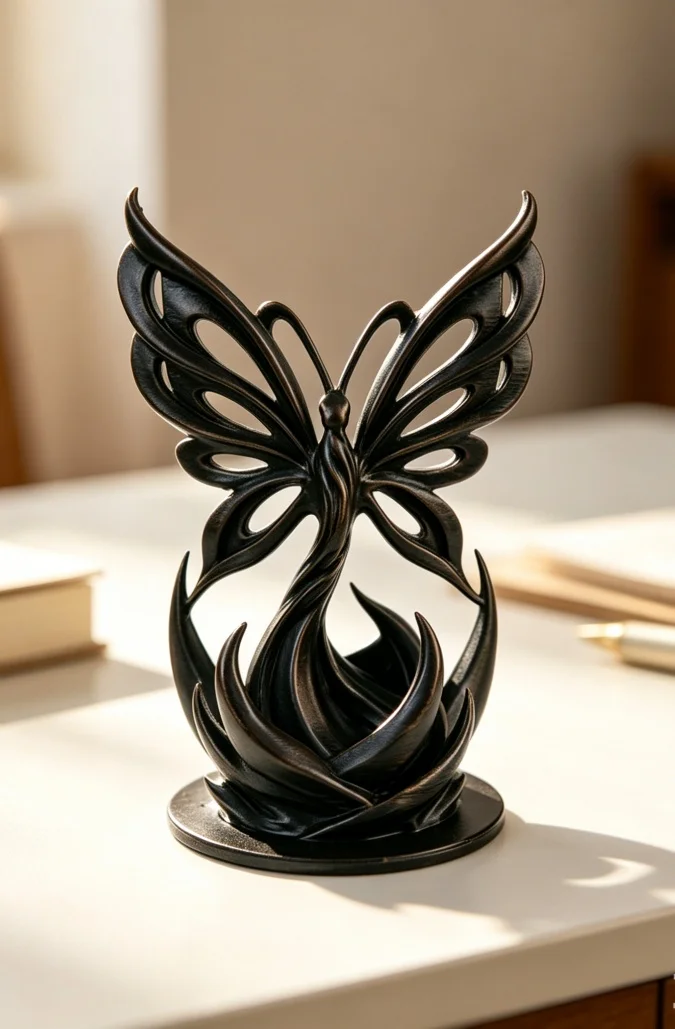 Black Butterfly Wing Sculpture with Flame Base for Study Desk Bookshelf Display Gothic Steampunk Decor Art Collector Item