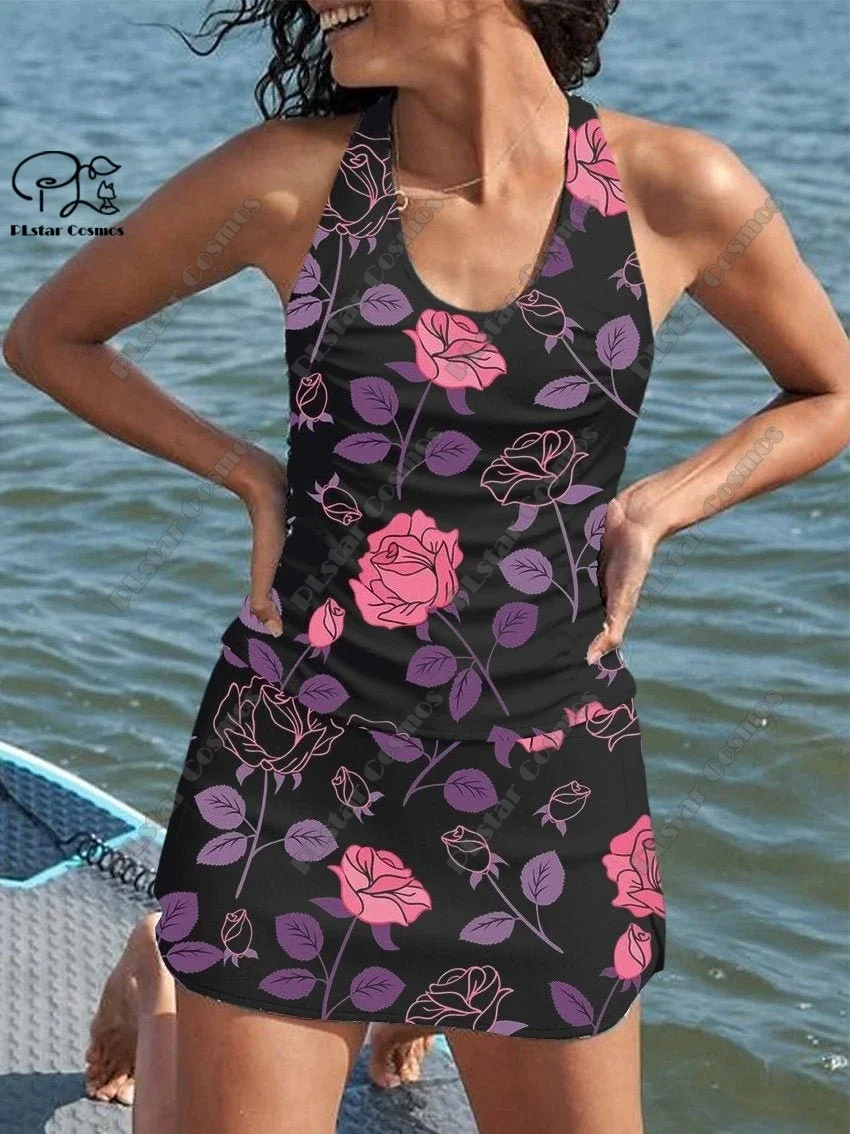 Women's summer small fresh floral 3D printed vest dress style two-piece swimsuit suit holiday travel new swimsuit B-1