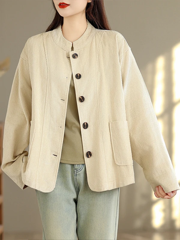 Cardigan rétro en velours côtelé à col montant pour femme, ample et décontracté, grande taille, ouvert avec boutons, assorti à tout, nouvelle collection automne