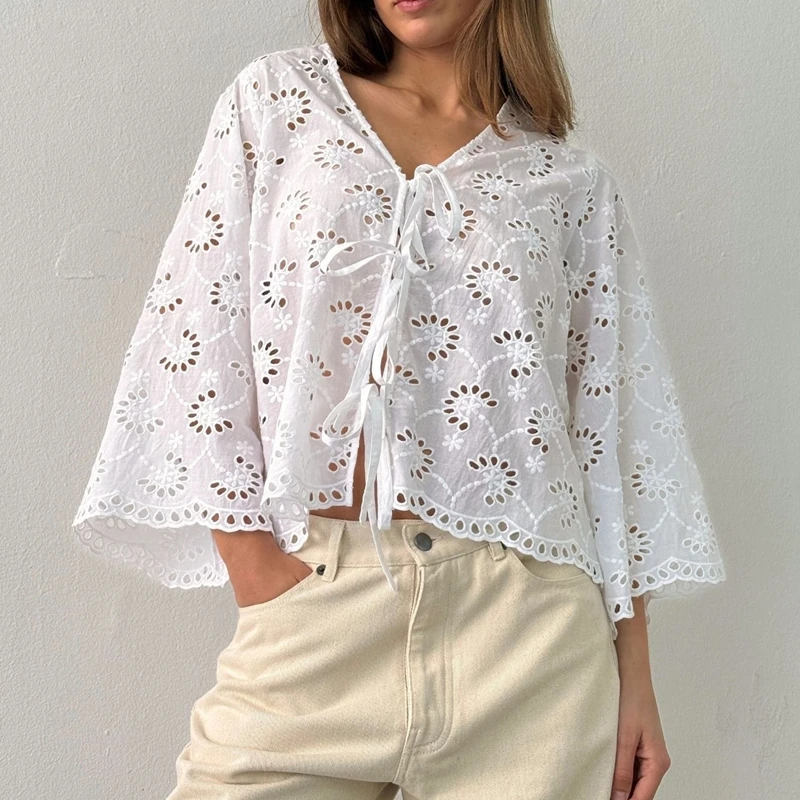 

Combhasaki Women Chic Flower Embroidery Hollow Out Shirt Tops Front Bow Tied Flare Long Sleeve Loose Fit Scalloped Trim Blouses