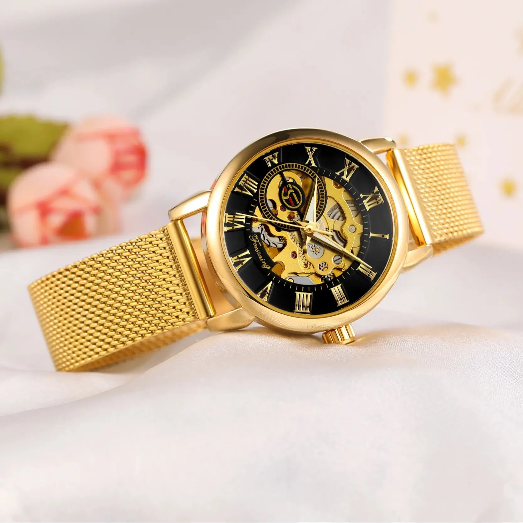 Forsining Luxury Elegant Ladies Watches Top Brand Luxury Gold Skeleton Mechanical Watch for Women Mesh Stainless Steel Strap New