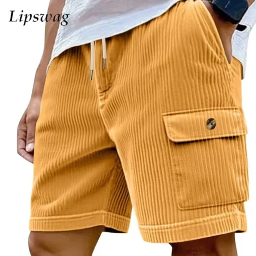 2026 Harajuku Men's Corduroy Shorts Men's Retro Casual Lace Up Knee Length Summer Short Pants Men Fashion Solid Sweatpants