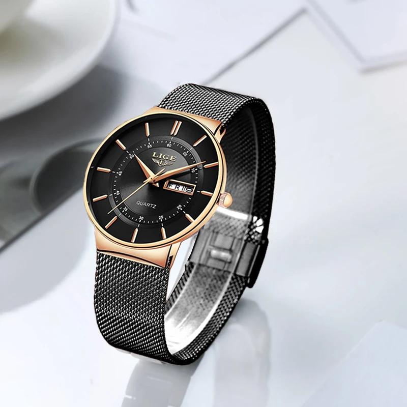 LIGE Women Watches Luxury Brand Ultra-thin Calendar Week Quartz Watch Ladies Mesh Stainless Steel Waterproof Gift reloj muje+Box