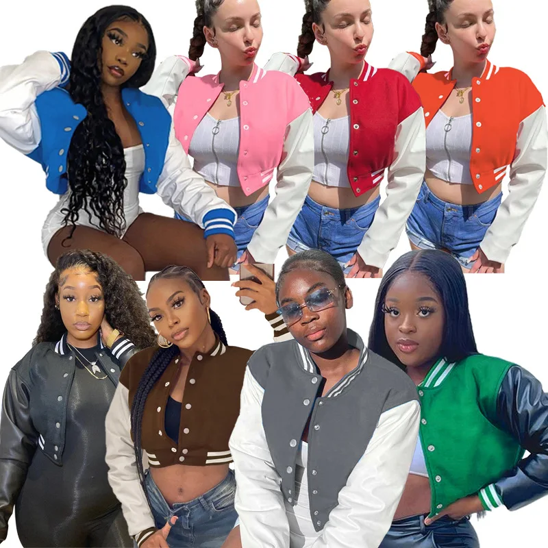 

Women'S Jackets Autumn Fashion Patchwork Button Up Long Sleeve Crop Bomber Varsity Jackets Coat Women Winter Baseball Jacket