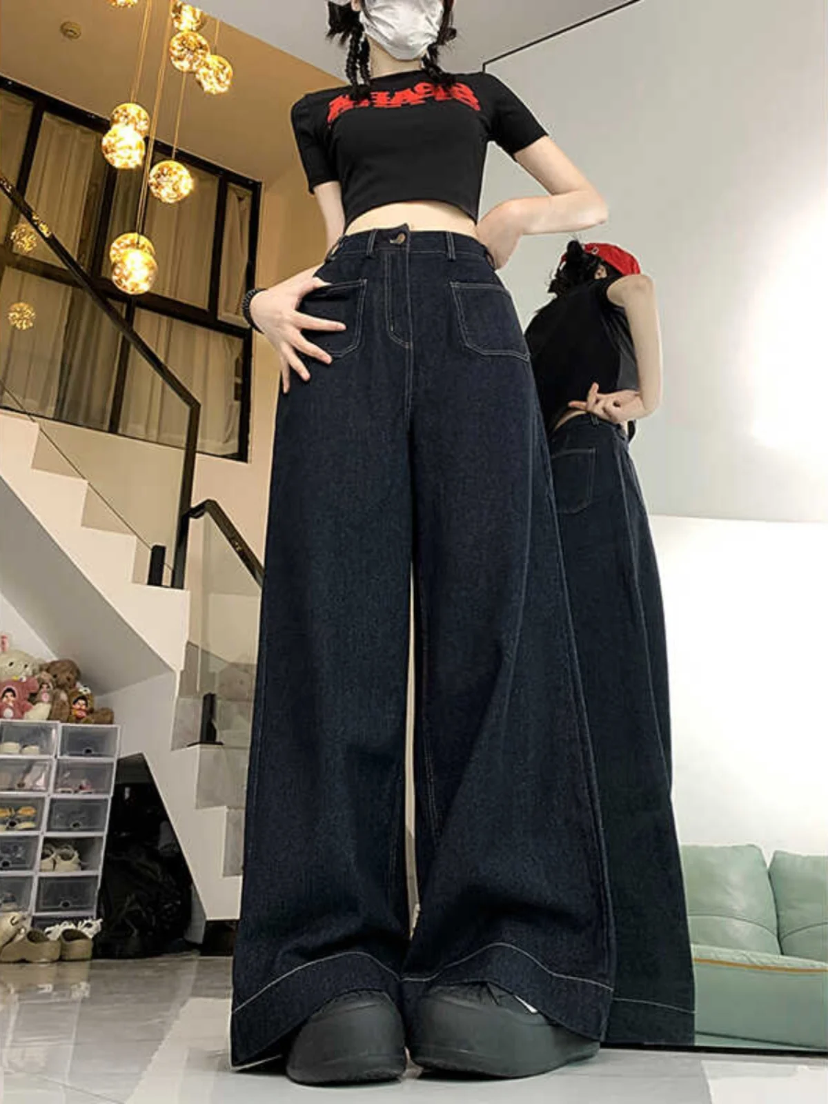 American Retro Wide Leg Denim Jeans Women's High Waist Loose Straight Floor-Length Pants Spring Autumn plus Size Slimming