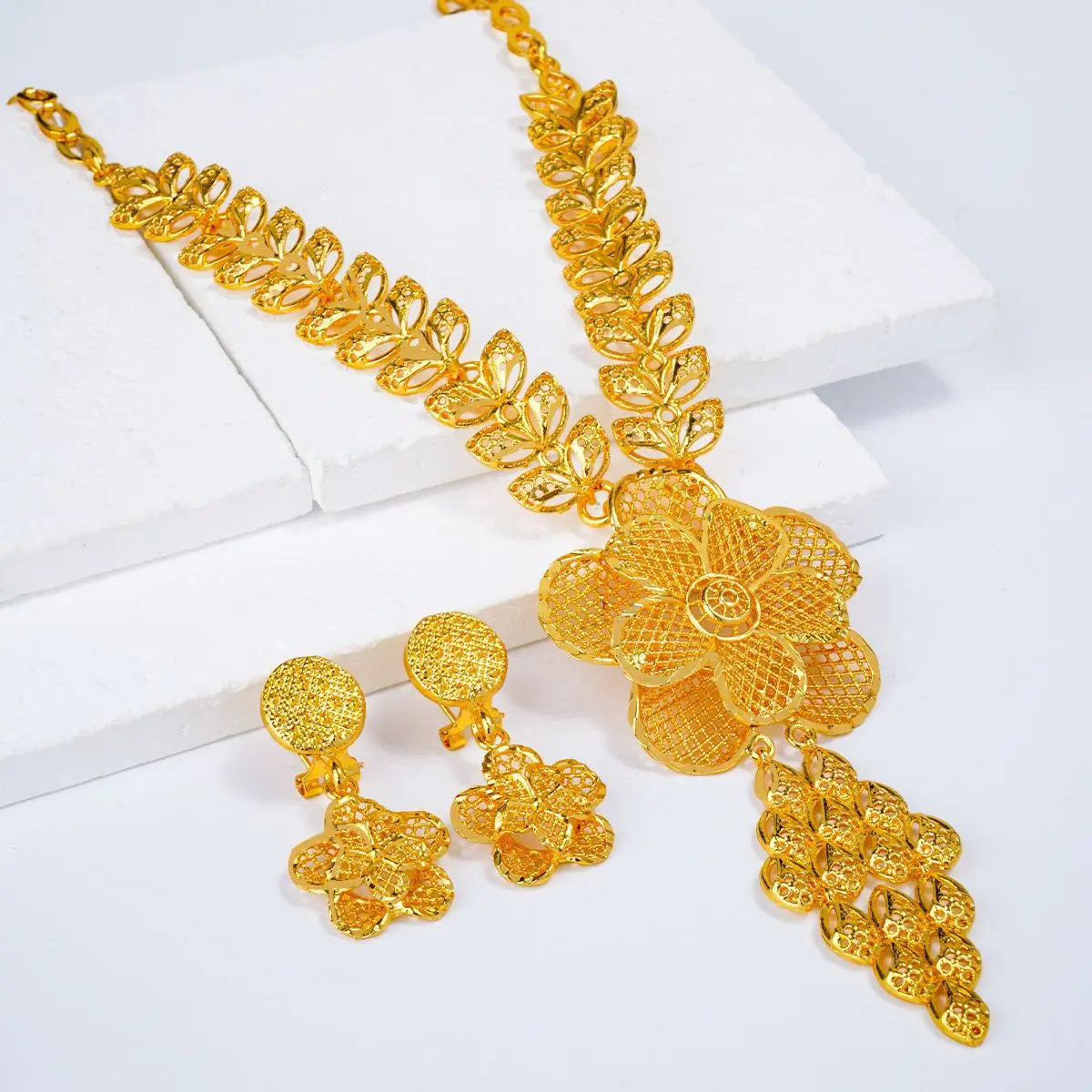 Luxury 24K 9999 Pure Gold real gold Women's Middle Eastern Flower Tassel Necklace Earrings Set