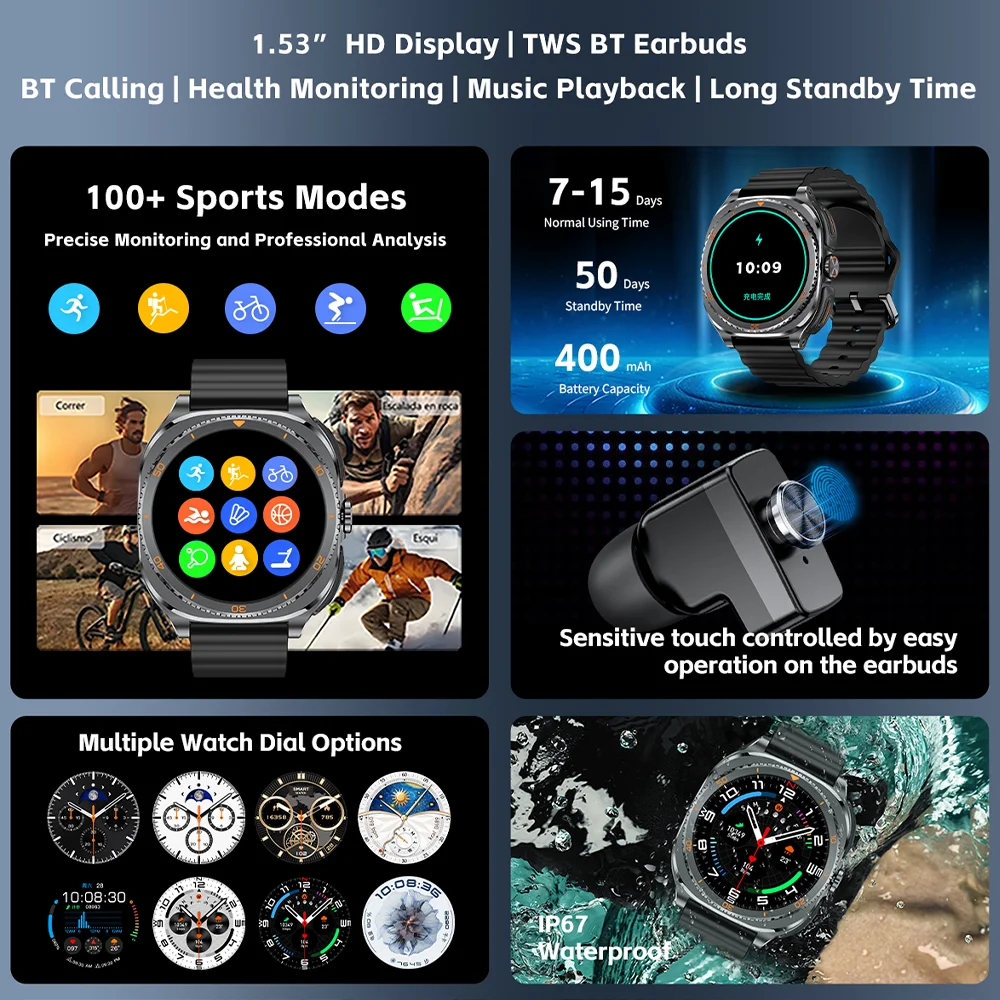 NEW 2-In-1 TWS Headset Smartwatch 1.53