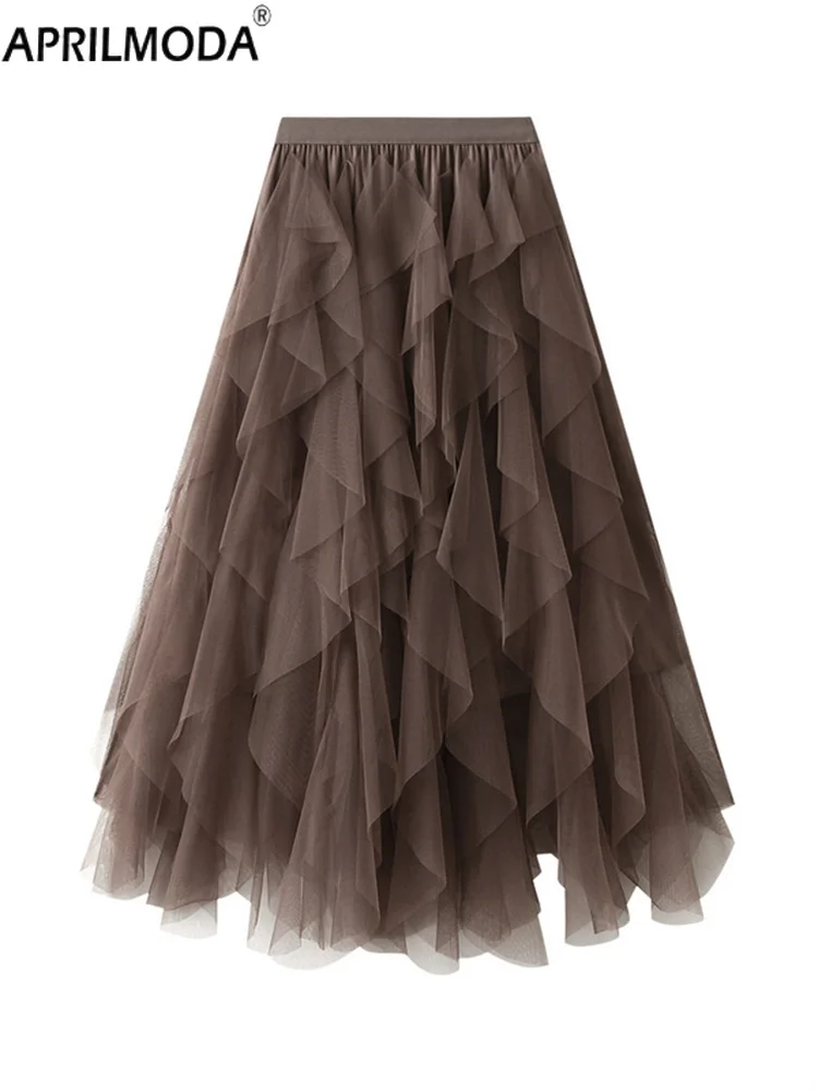 2025 Mesh Cake Midi Langer Damen-Tutu-Tüll-Maxirock Elegante Prinzessin Solide Rosa Schwarz Weiß Braun Faltenröcke mit hoher Taille