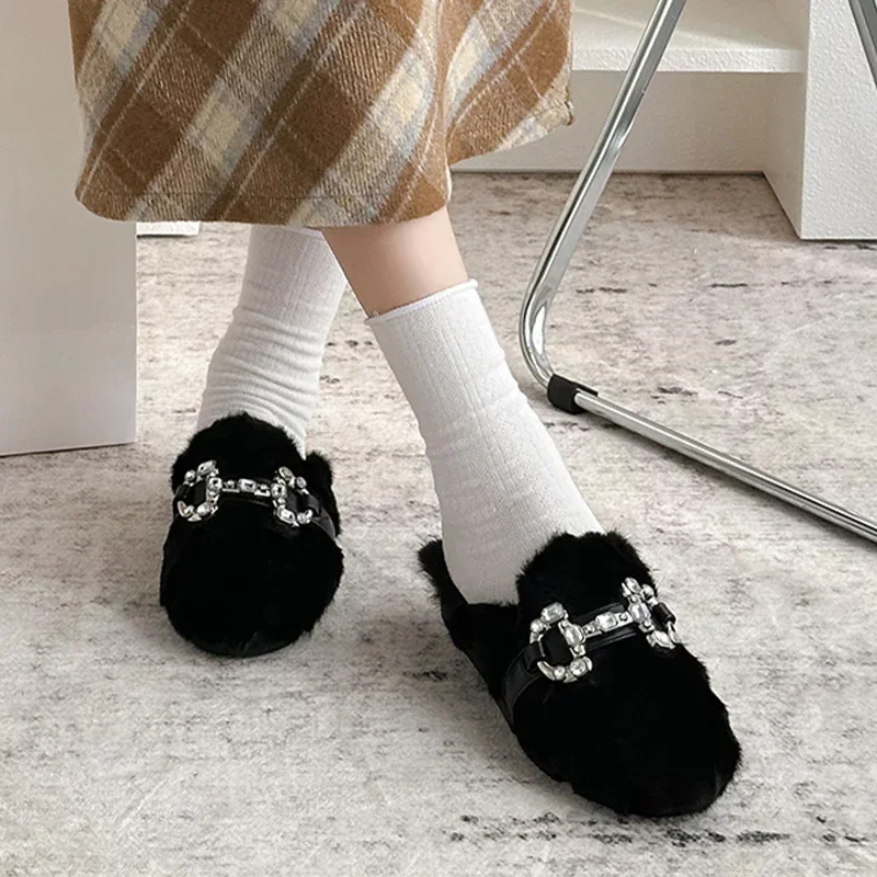 Crystal Luxury Fur Cotton Slippers Women Mules Shoes Winter New Fashion Warm Flip Flops 2024 Trend Casual Soft Sole Cozy Zapatos