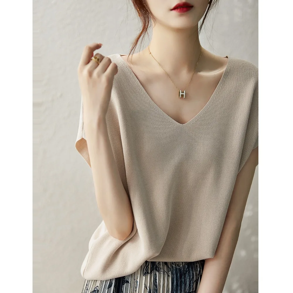 Loose V-Ne Knitted Top Ice Silk T-irt Women's Summer Faion Brand Name Clothing Base Layer Tank Top Breathable Comfortable