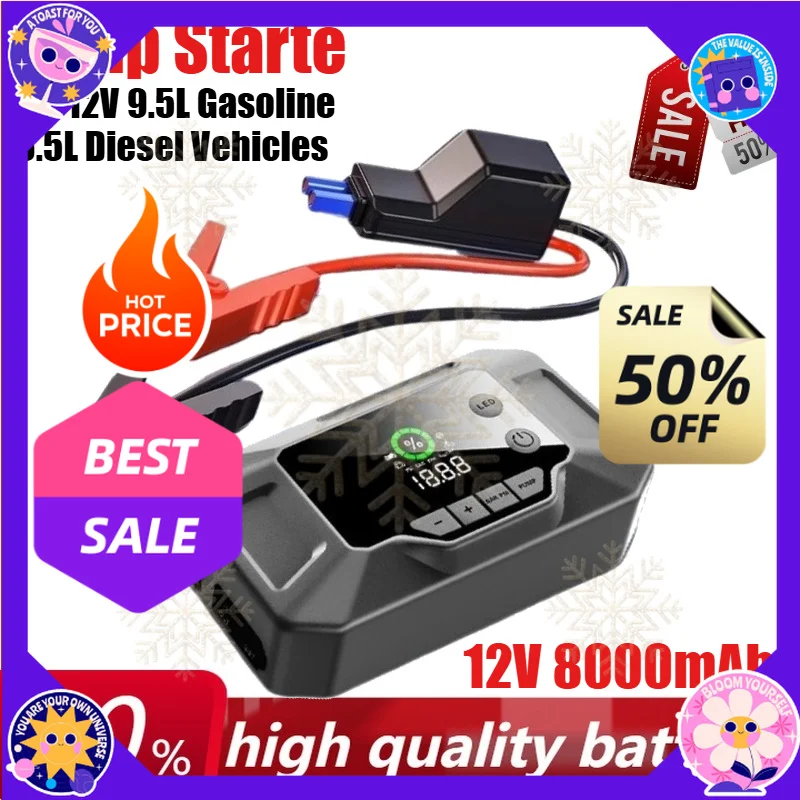 New 12V 8000mAh Portable Car Jump Starter with LED Light Power Bank for 12V 9.5L Fuel Vehicle、6.5L Diesel Vehicles