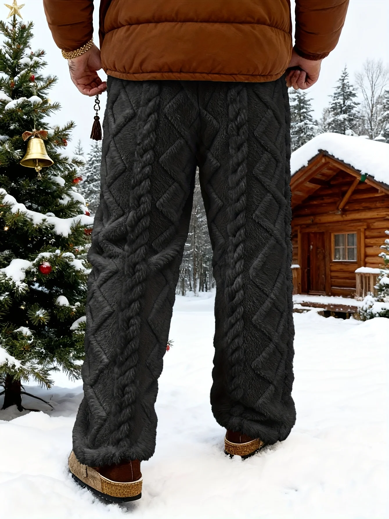 

Men'S Winter Warm Fleece-Lined Pants with Drawstring Waist - Cozy Geometric Pattern Lightweight & Comfortable Outdoor