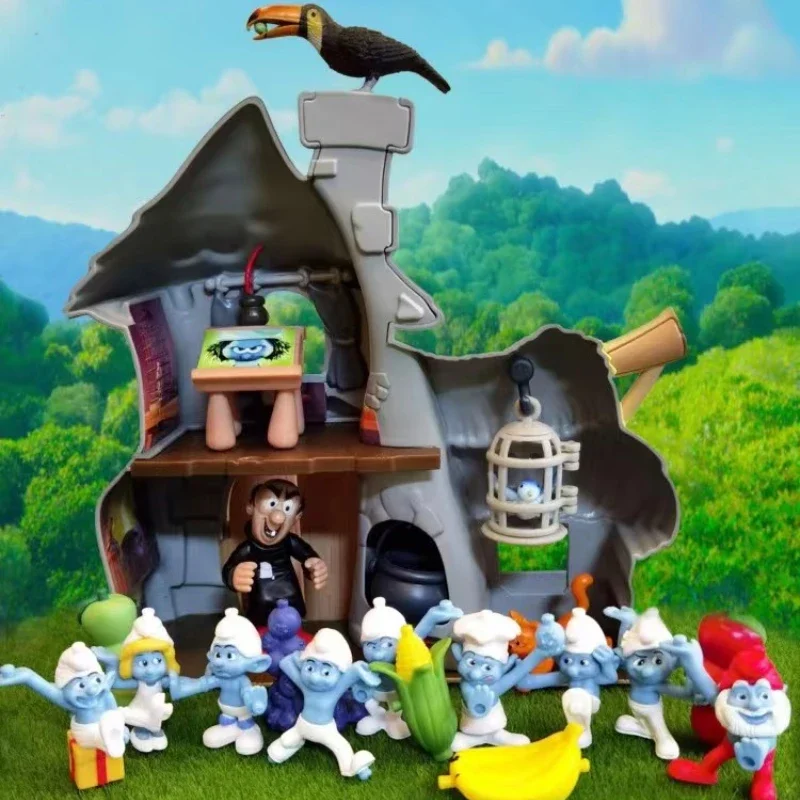 Smurfette Smurf Mushroom House giunti mobili personaggi dei cartoni animati decorazioni per Desktop collezione ornamenti modello giocattolo nostalgico