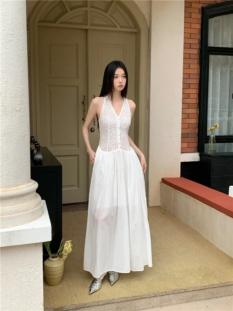 CHEERART Hollow Out Embroidery White Sleeveless Maxi Dress Women Elegant Party V Neck Tunics A Line Long Modest Dress Summer