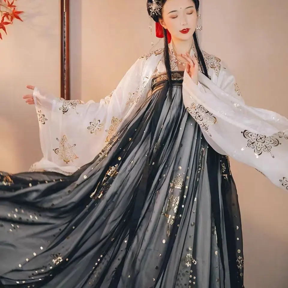 Hanfu กระโปรงยาวหน้าอกหรูหราสวยงามสำหรับฤดูใบไม้ผลิและฤดูร้อนชุดเดรสเต้นรำคลาสสิกสไตล์จีน