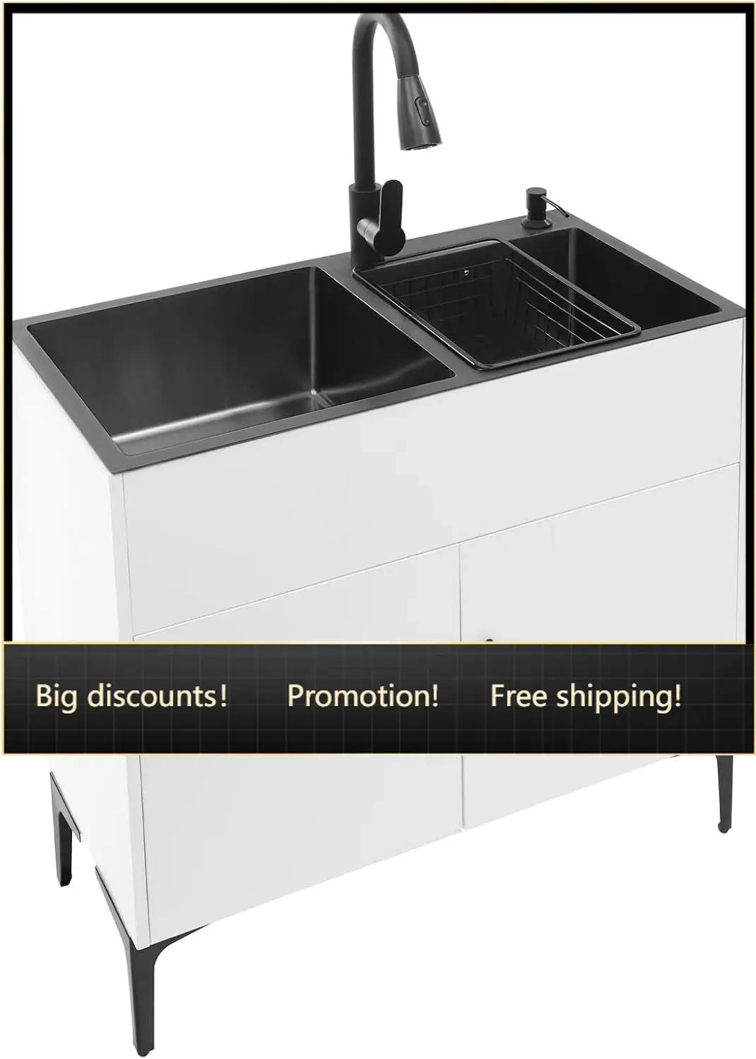 Laundry Sink with Cabinet, Utility Room Stainless Steel Sink with Pull-Out Faucet Dual Bowls, Freestanding Kitchen Bathroom Laun