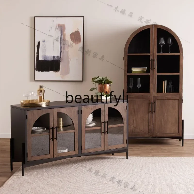 

DD45 American-style Light Luxury Solid Wood Floor Bookcase Living Room Arched Glass Door Storage Cabinet Wine Cabinet