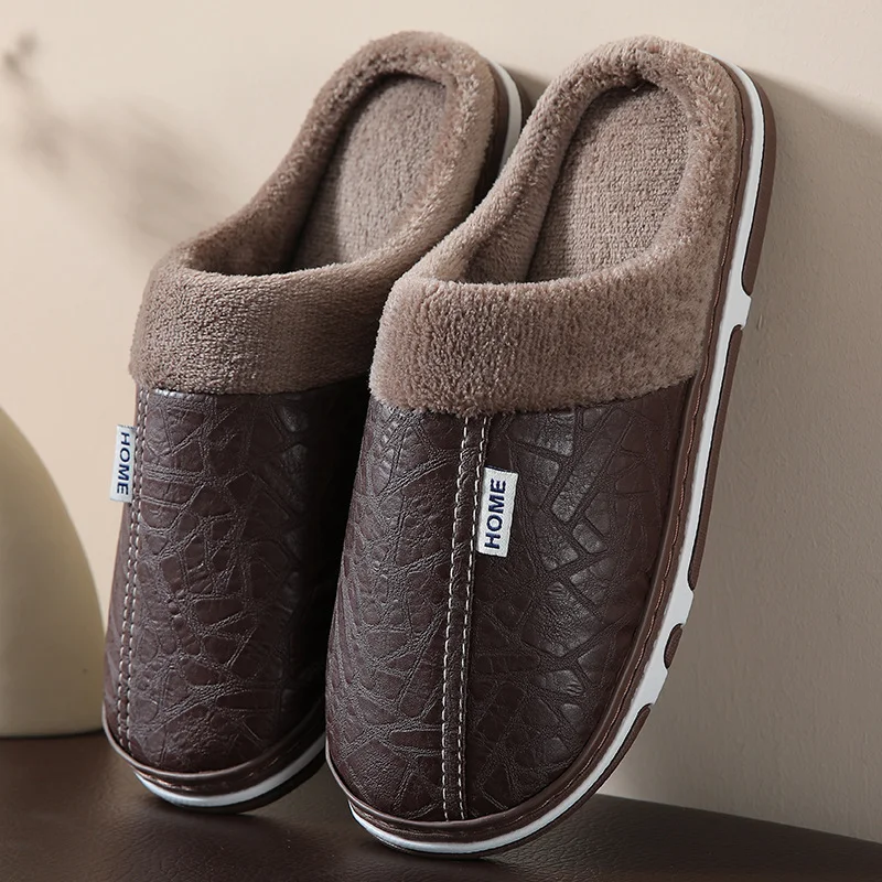 ZUOFU Warme, wasserdichte Hausschuhe aus PU-Leder mit Plüschfutter, Winter-Kunstfellkragen, rutschfeste Paar-Hausschuhe für Damen und Herren, große Größen – Detail 10