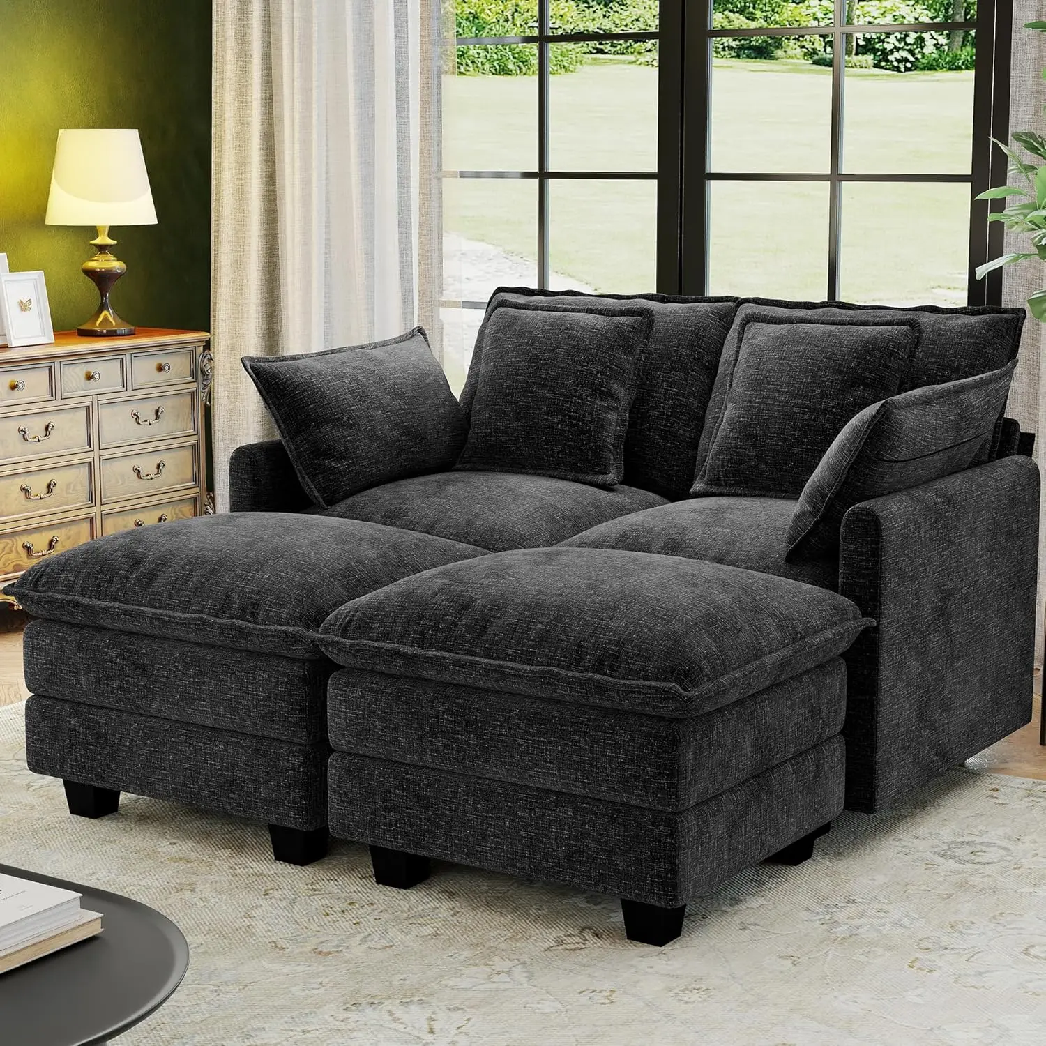 

Black Modular Loveseat Sofa with Deep Seat, 4 Washable Pillows & 2 Ottomans for Living Room or Bedroom