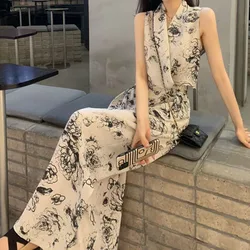 Temperament suit women's summer new pure desire wind loose sleeveless deep coat drape wide-leg trousers two-piece suit.