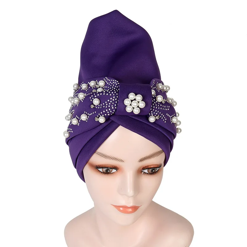 Gorro de turbante africano con cuentas de perlas para mujer, Gele automático, Geles de boda nigerianos, envolturas para la cabeza, pañuelo musulmán,