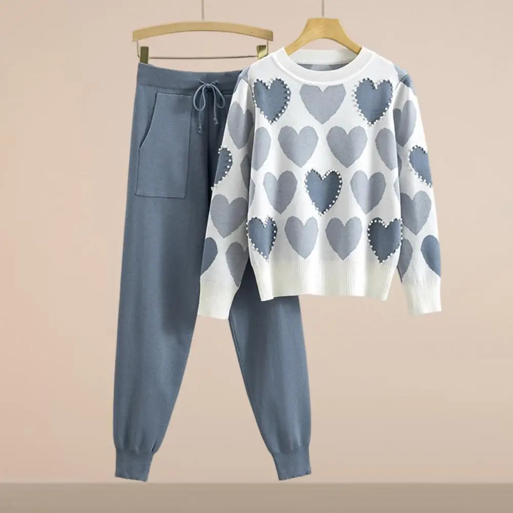 Nuevo suéter de dos piezas para mujer, ropa deportiva para otoño e invierno, jersey con cuello redondo y pantalones bombachos de punto, conjunto de chándal femenino