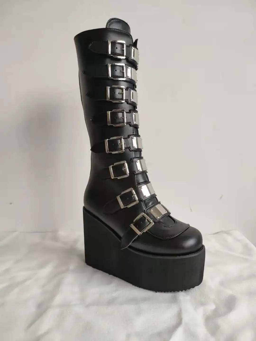 Frauen Stiefel Cosplay Damen High Heel Plattform Keile Frauen Hohe Stiefel Gothic Schnalle Lange Röhre Leder Weibliche Stiefel Plus Si – Detail 15