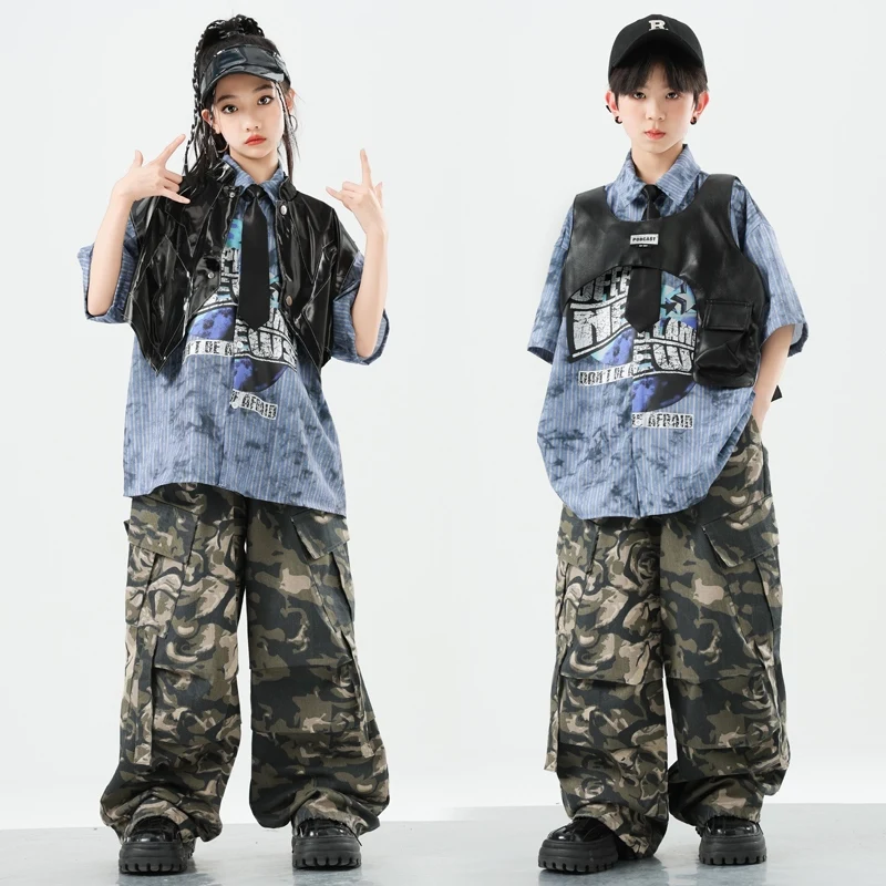 

2025 New Jazz Dance Costumes For Girls Loose Shirts Black Leather Vest Camouflage Pants Suit Boys Hip Hop Dance Clothes DQS19512