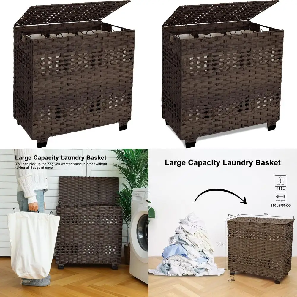

Foldable 140L Wicker Laundry Hamper with 3 Removable Liners, 27x13x26 Inches, Brown