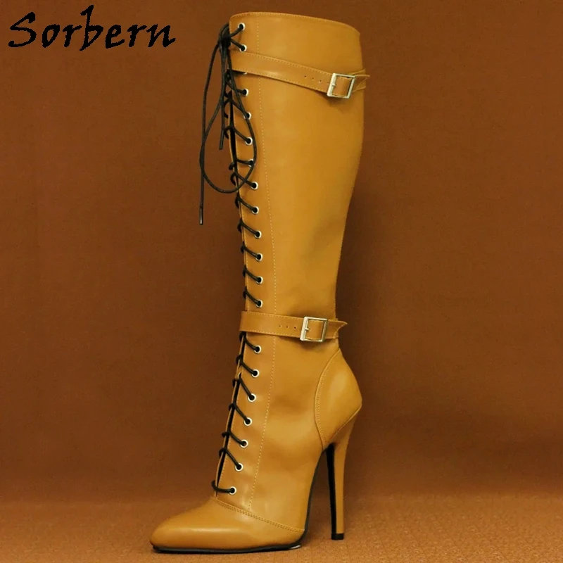 Sorbern Vintage Pointed Toe Boots Women Knee High 14Cm Stilettos Heels Multi Color Unisex Fetish Shoes For Sisy Girls