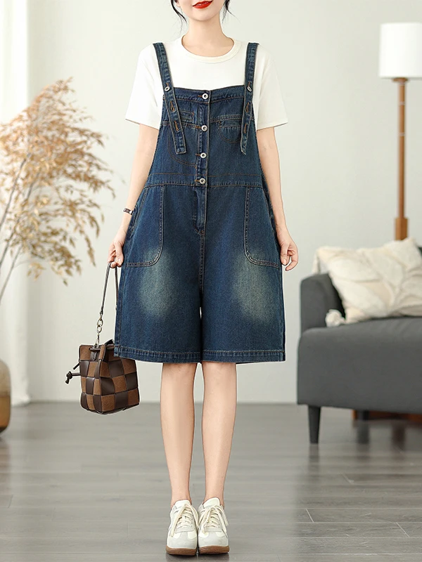 

Cool Salt Korean Sle Denim Overalls Women's Loose Wide Leg orts Summer Casual High Waist Five-Quarter Length Blue Jeans