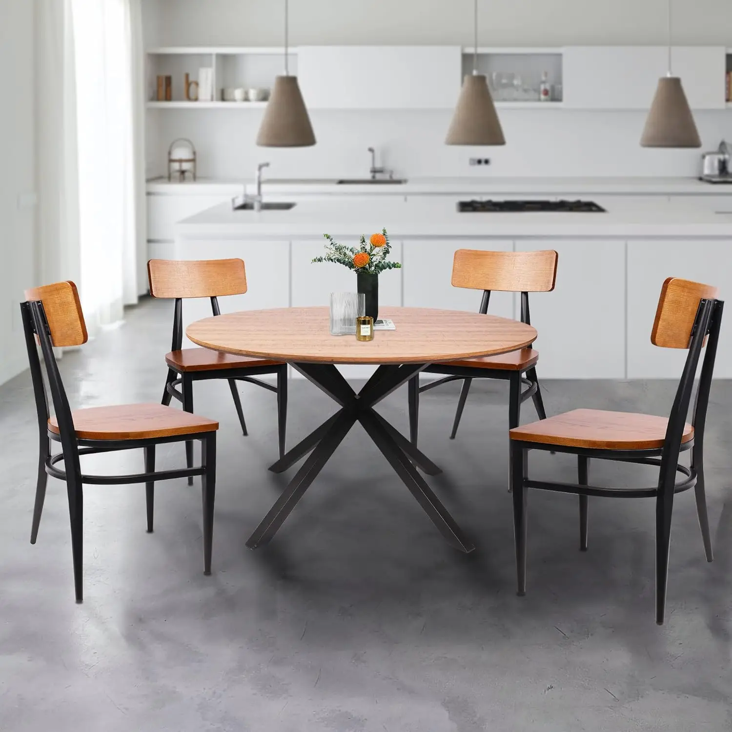 Dining Table for 6 Pedestal Wood Kitchen Table Dining Room Table Counter Modern Cross Metal Led for Cafe Restaurant Wine Bar