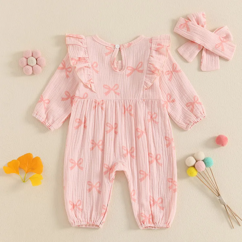 RUEWEY 0 to 12 Months Baby Girl Romper Spring Autumn Clothes Long Sleeve Bow Print Ruffle Jumpsuit with Headband Set Newborn