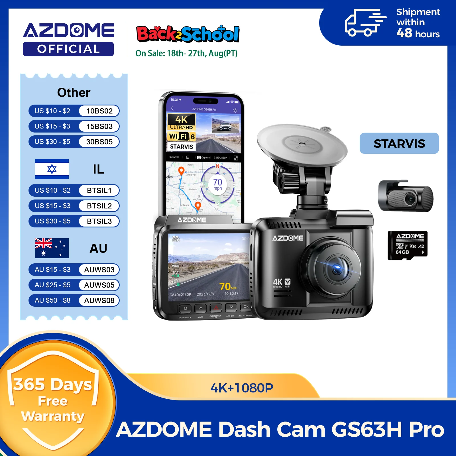 AZDOME Dash Cam GS63H Pro 4K+1080P Schermo IPS da 2,4 150 ° FOV Monitor di parcheggio integrato ADAS WiFi 6 GPS per auto DVR G-Sensor 24 ore Camare