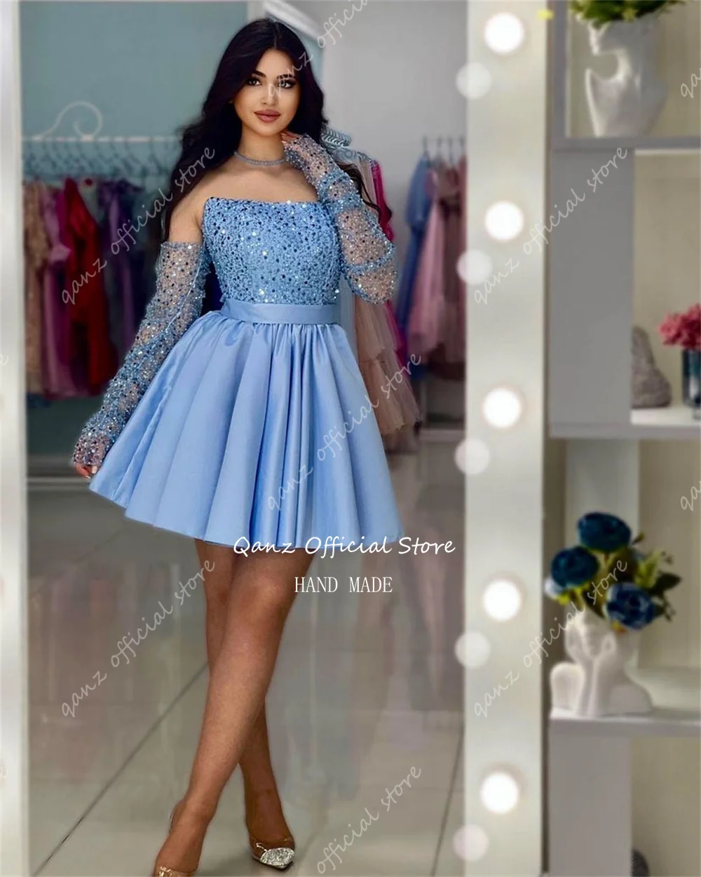 Qanz Blue Strapless Homecoming dresses Sparkly Sequined Long Sleeves Vestidos De Festa Short A Line Birthday Dresses Customized