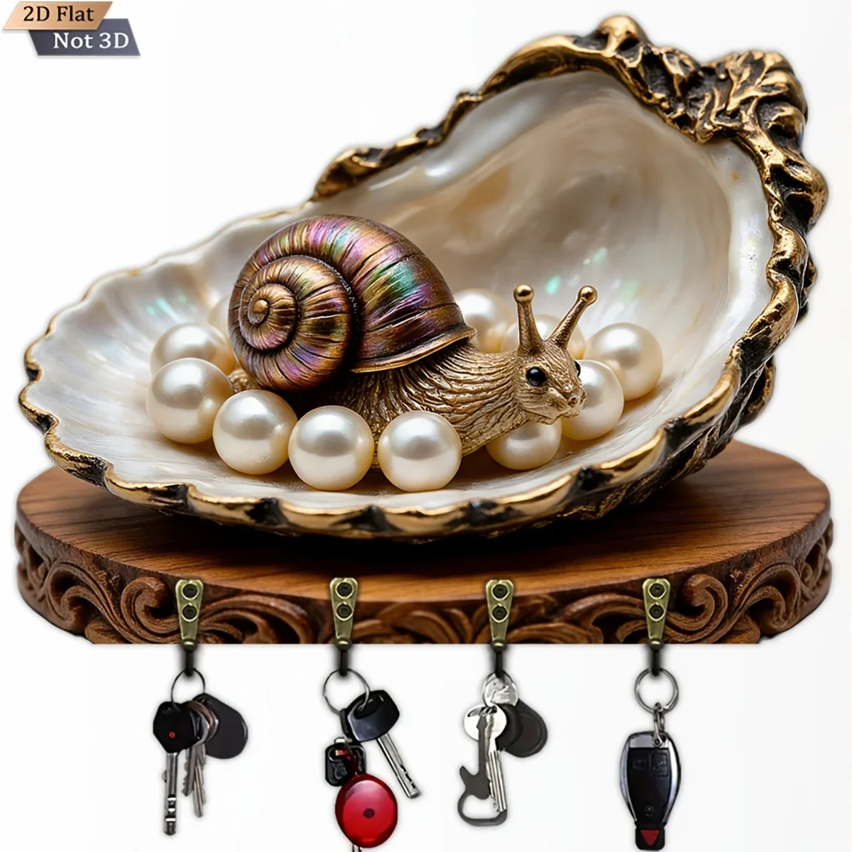 2D Flat, 1pc, Pearl Shell Snail Shaped Key Hook Wooden Multifunctional Home Key Rack with Four Metal Hooks, Wall Decoration,
