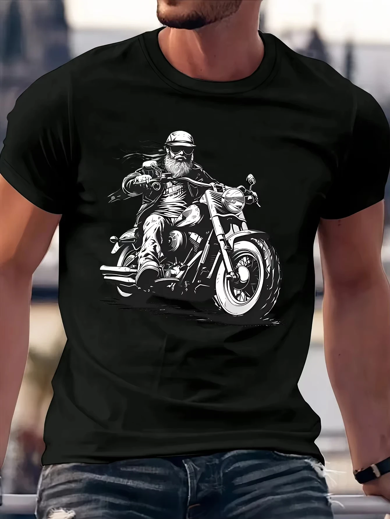 Family Matching T‑Shirt Black Bearded Biker Rider Classic Chopper Motorcycle Front Print Vintage Motorbike Sketch Art Sleeve Tee