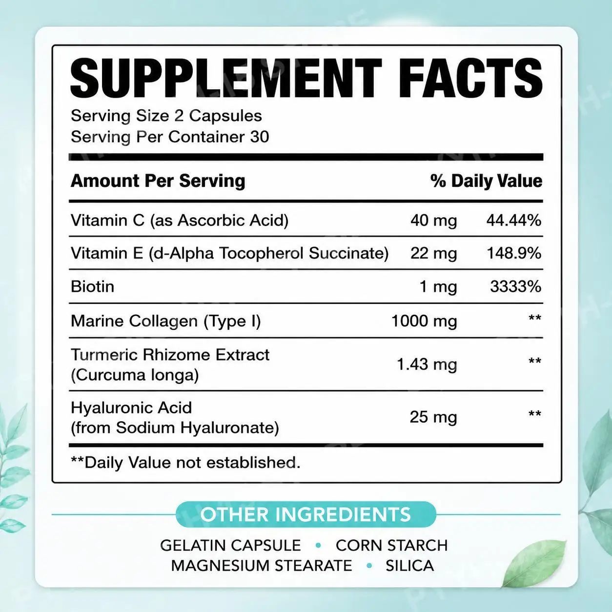 Marine Collagen Capsules with Hyaluronic Acid, Vitamin C and Biotin for Normal Skin Support Beauty Routine 60 Capsules Daily Use