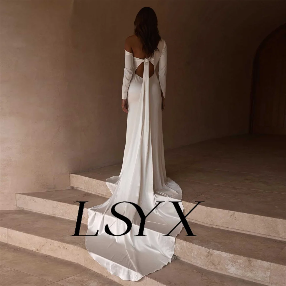 LSYX Sleeveless Simple One-Shoulder Long Sleeves Sheath Wedding Dress Soft Satin Open Back Floor Length Bridal Gown Custom Made