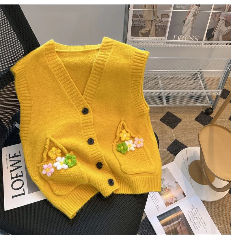 Three-dimensional Beautiful Flowers Single-breasted V-neck Knitted Cardigan Vest Women's Spring And Autumn New Age-Reducing Vest