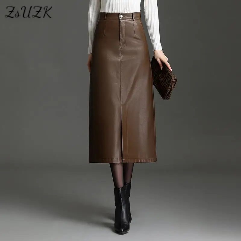 

ZUZK Women PU Leather Bodycon Skirts New Autumn Winter Front Slit High Waist Long Straight Fashion Skirt Pocket Warm Pu Skirt