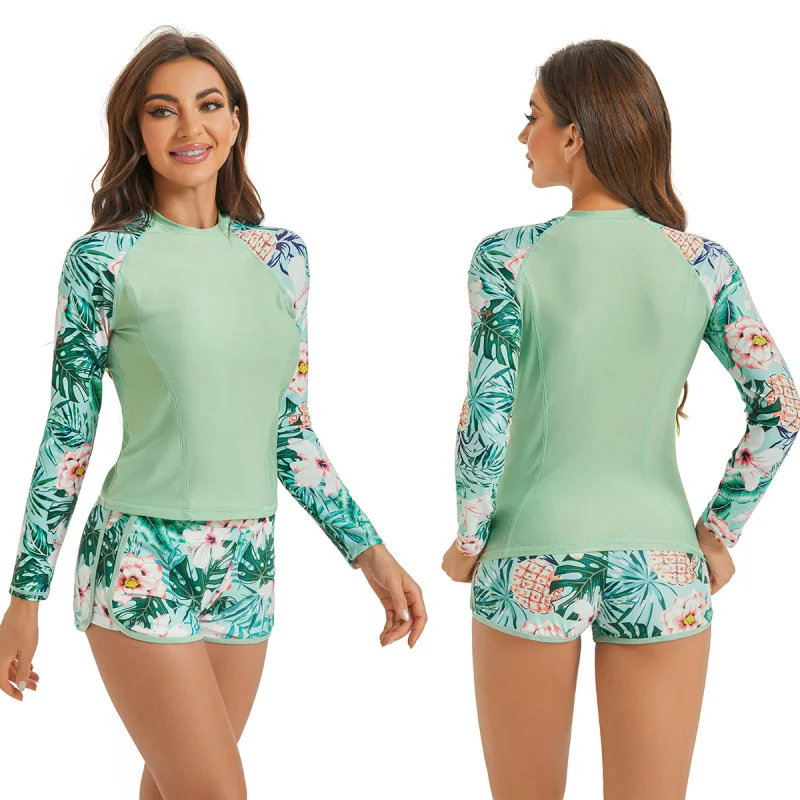 

Minsu 2025 New European and American Sports Surfing Long Sleeve Fashion Sunscreen Printed Two-Piece Swimsuit for Women