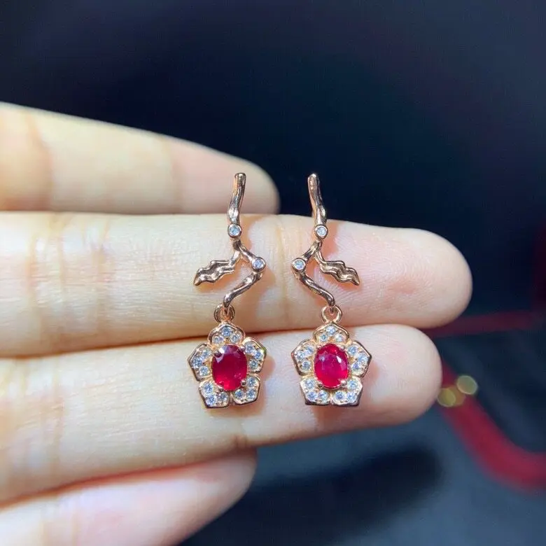 Elegant Ruby Earrings for Office Lady 4mm*5mm Natural Ruby Earrings 925 Silver Ruby Jewelry Solid Silver  Earrings Girl Gift