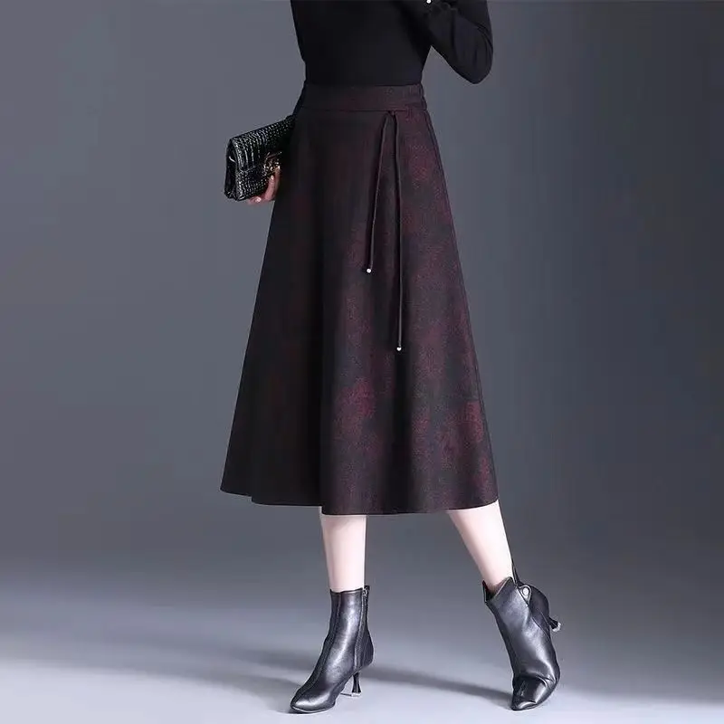 Wine Red High Waist A Line Midi Skirt Drawstring Waist Flared Skirt For Women