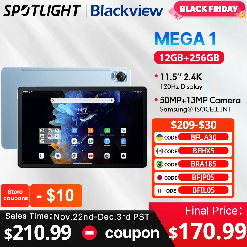 【العرض الأول في العالم】كمبيوتر لوحي Blackview MEGA 1 بشاشة 11.5 بوصة 2.4K 120 هرتز 12 جيجابايت 256 جيجابايت 8800 مللي أمبير في الساعة 50 ميجابكسل + 13 ميجابكسل كاميرا 33 وات شحن سريع