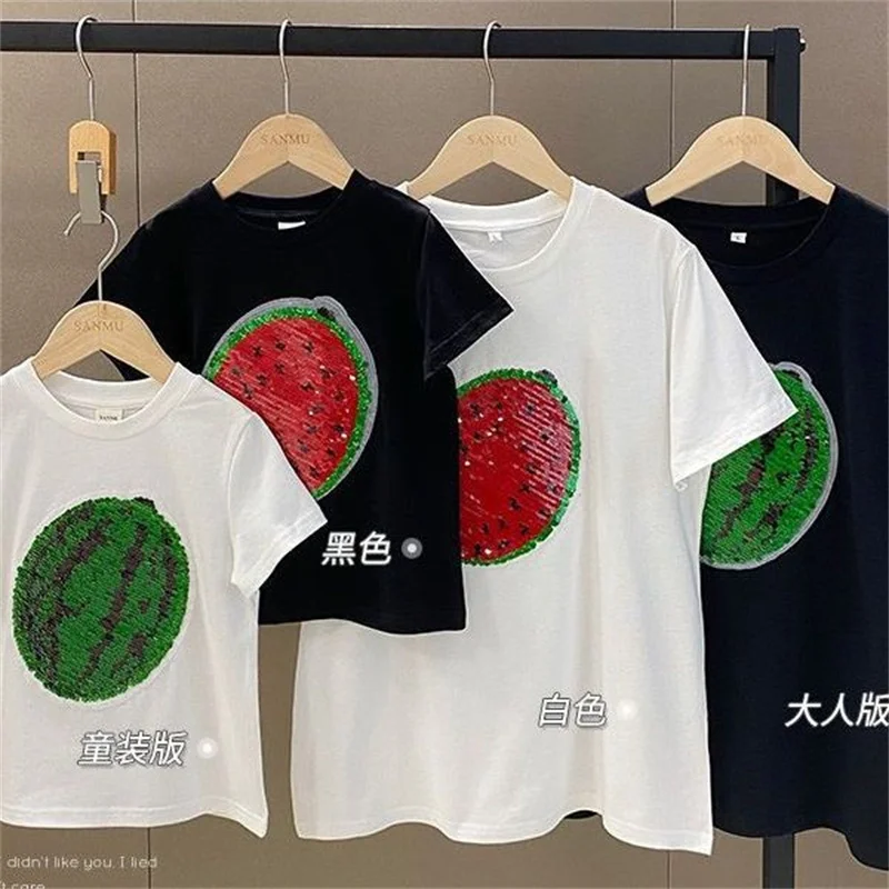 

Парные футболки для родителей и детей с двусторонними пайетками, семейная одежда, лето 2026, новинка, топы для мамы и дочки, детские топы