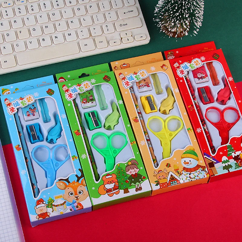 6Pcs/set Christmas Stationery Set Pencils Sharpener Erasers Children Writing Drawing Pencil Gifts School Stationeries Supplies
